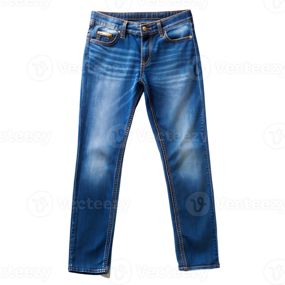 Classic blue denim jeans showcased under studio lighting with a vintage-style wash and subtle whiskering for a timeless look png