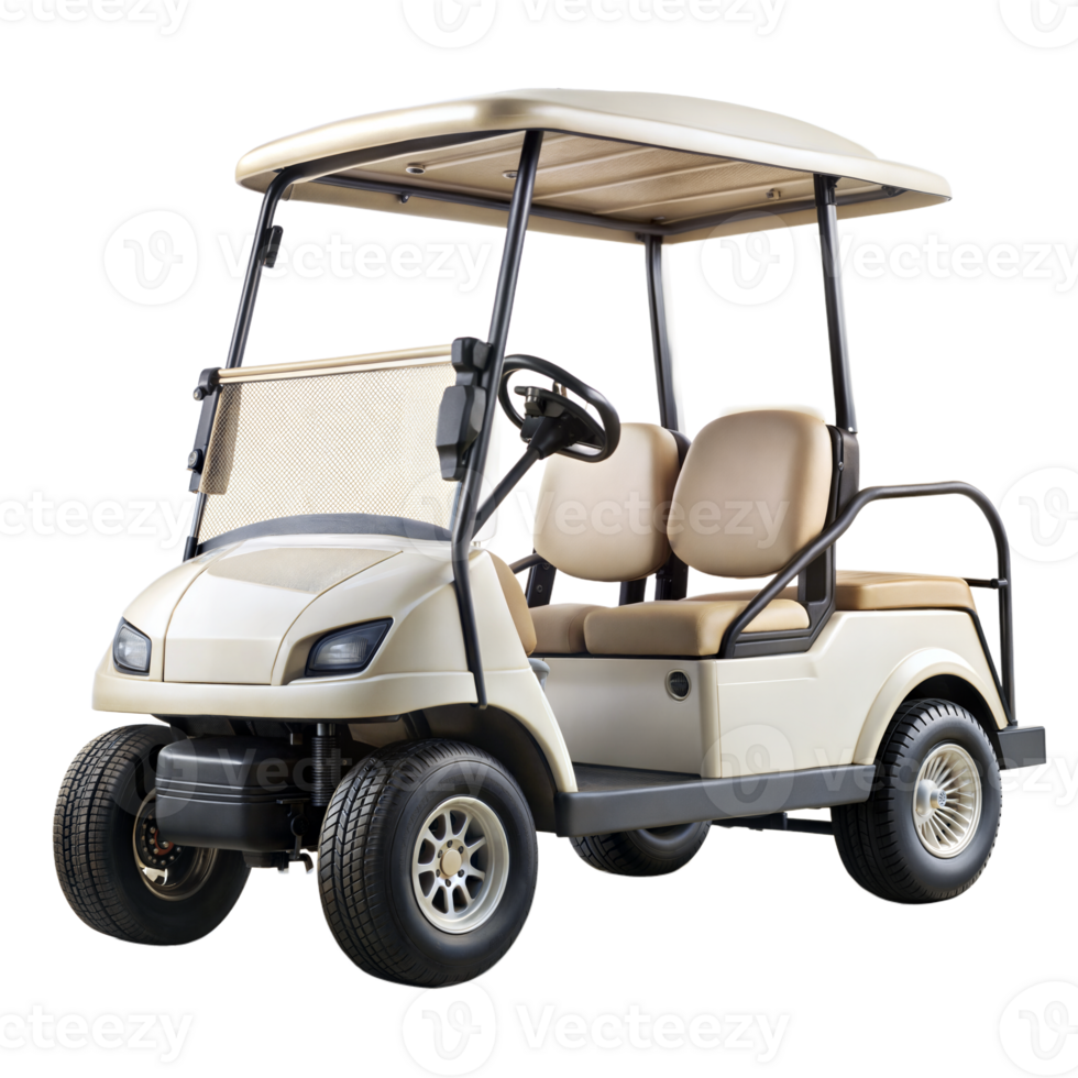 A beige and black modern golf cart with two seats and a roof, positioned against a plain transparent background png