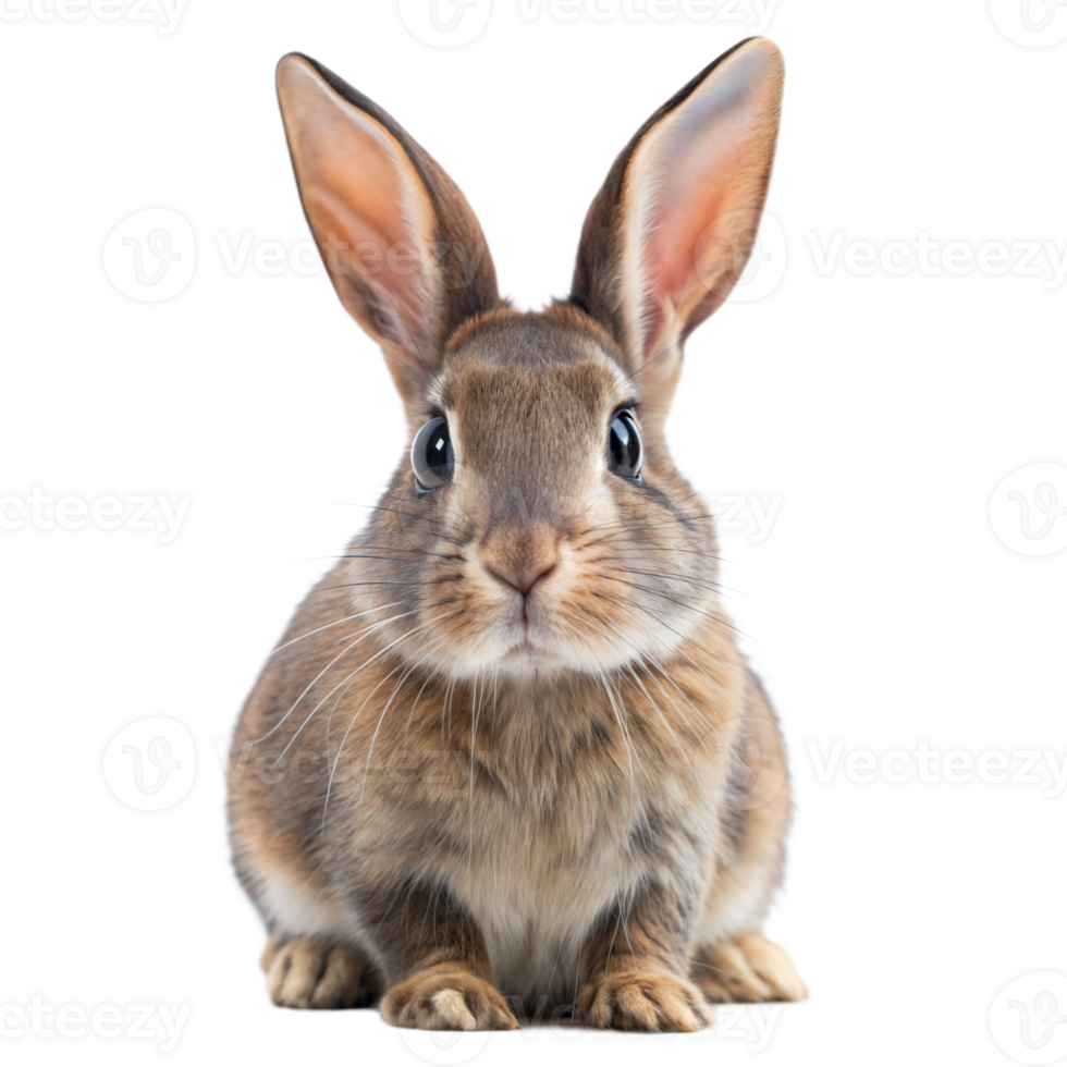 A small brown bunny with white markings sits still and alert, looking directly at the camera png