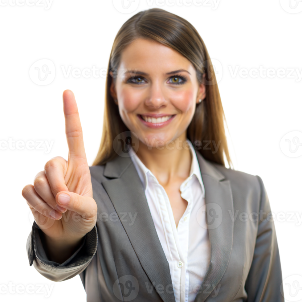 Smiling businesswoman in a gray suit gestures number one while standing against a transparent background png