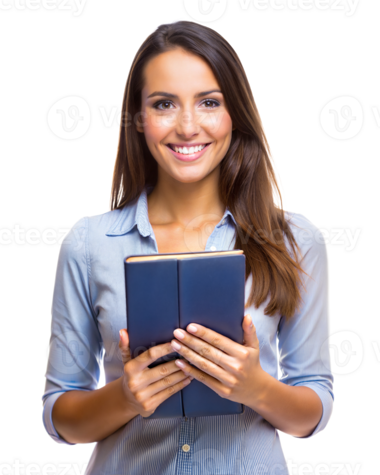 A woman with long hair smiles while holding a closed book, standing against a plain transparent background png