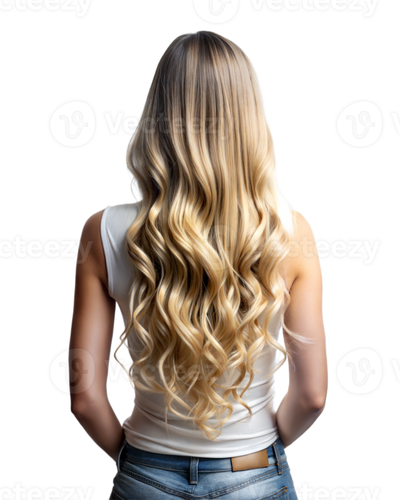 A woman with long, wavy blonde hair is standing, her back to the camera, wearing a white top and blue jeans png