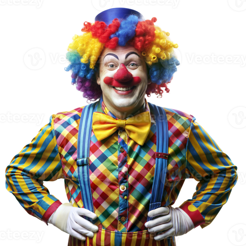A cheerful clown wearing a colorful outfit and wig smiles widely with hands on hips png
