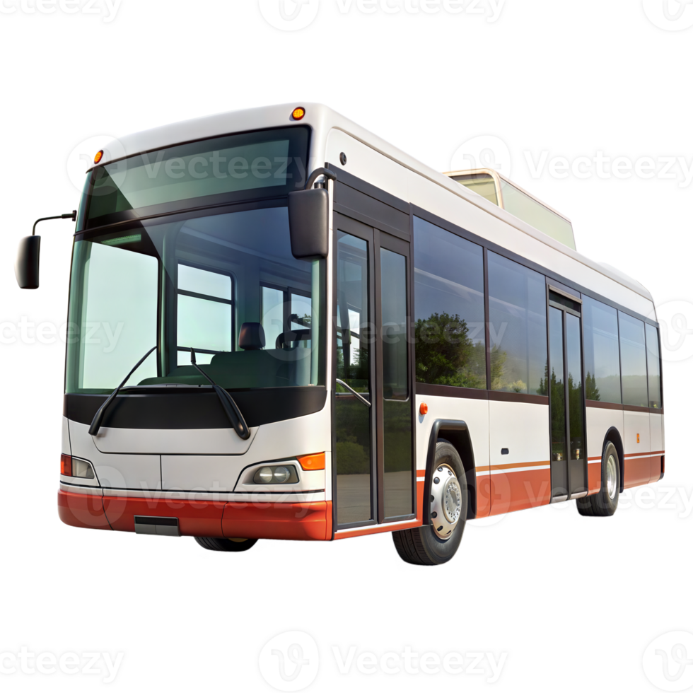 A sleek city bus with large windows and a white and red exterior is parked with trees in the background png