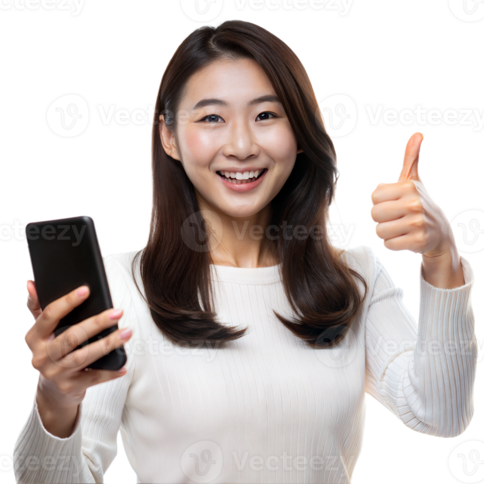Smiling woman holding smartphone and giving thumbs up, expressing positivity and approval png