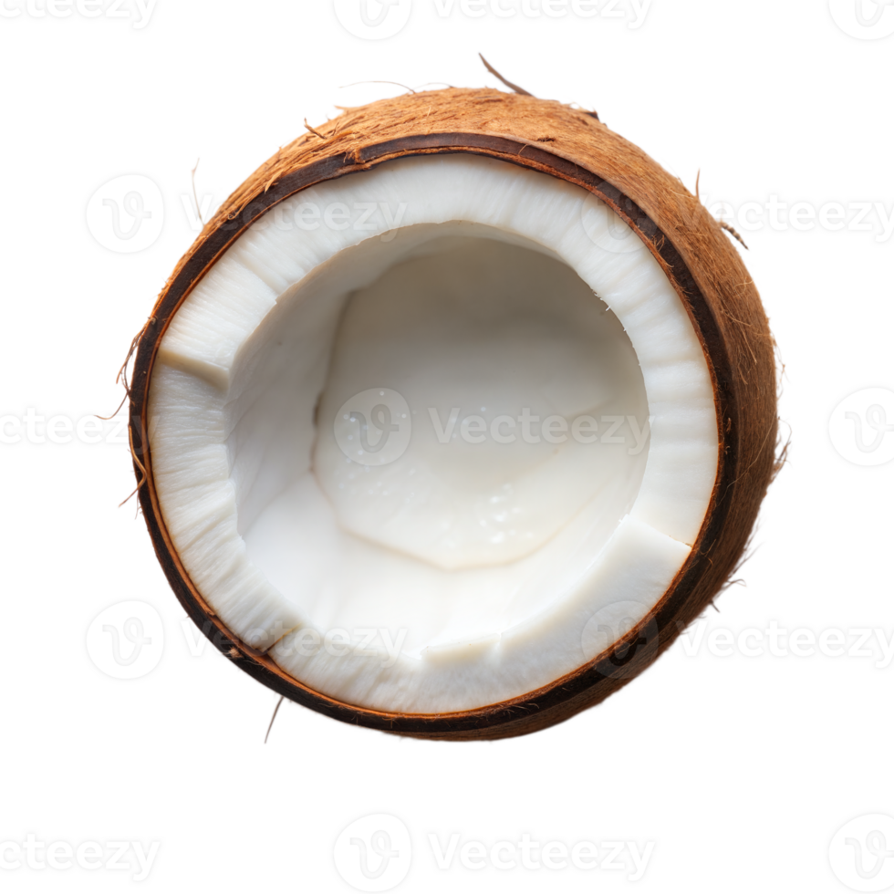 A halved coconut is displayed against a transparent background, showcasing its interior and white flesh png