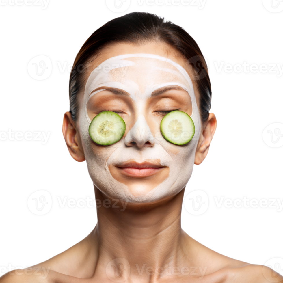 A woman with a facial mask and cucumber slices on her eyes, enjoying a morning skincare routine png
