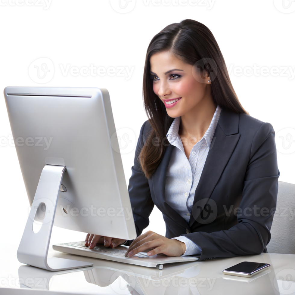A confident businesswoman in a suit works efficiently on a desktop computer in a bright png