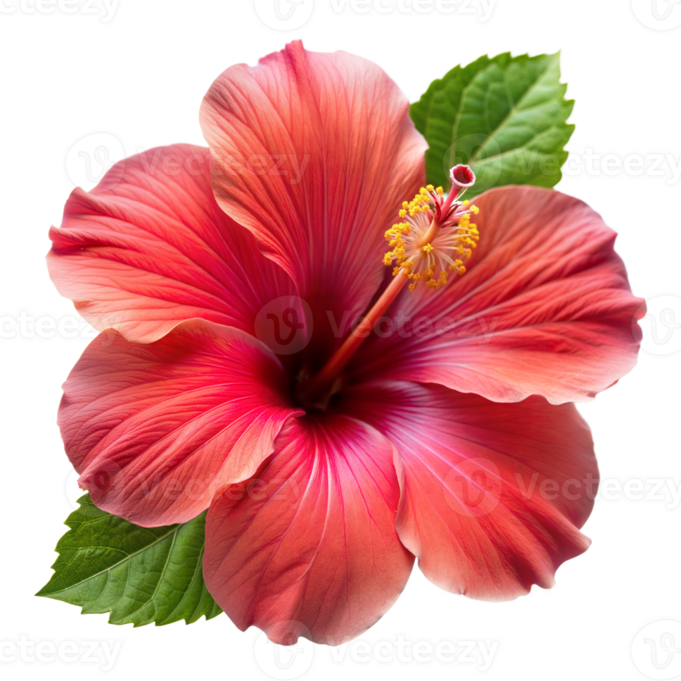 A vivid pink hibiscus flower with green leaves displayed against a transparent backdrop png