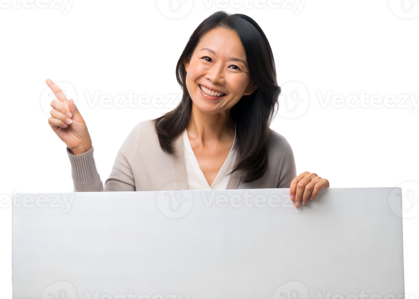 Woman smiles and points to a blank signboard, suggesting an idea indoors against a transparent background png