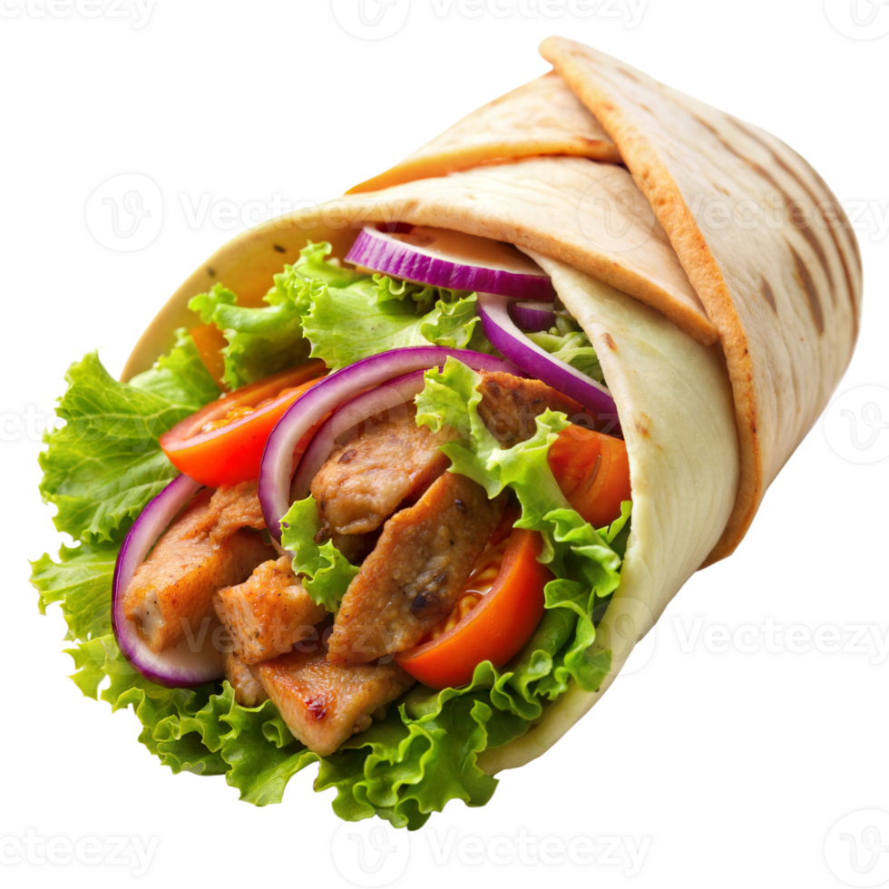 Grilled chicken and fresh veggies wrapped in flatbread, perfect for a healthy meal option png