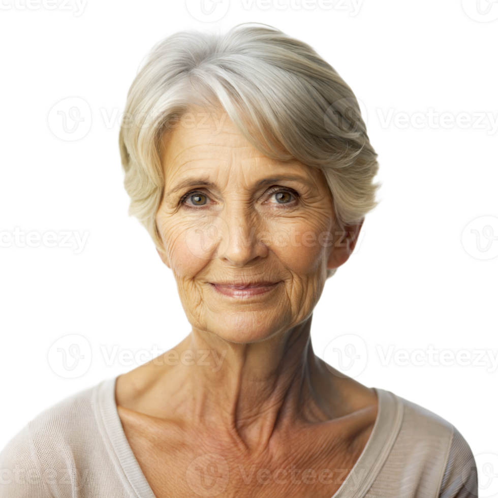 An elderly woman with short gray hair smiles warmly against a transparent background png