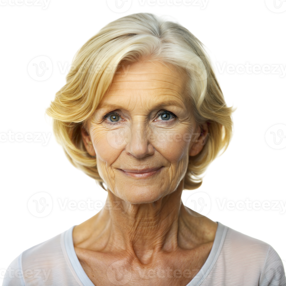 An elderly woman with blonde hair and blue eyes smiles warmly png
