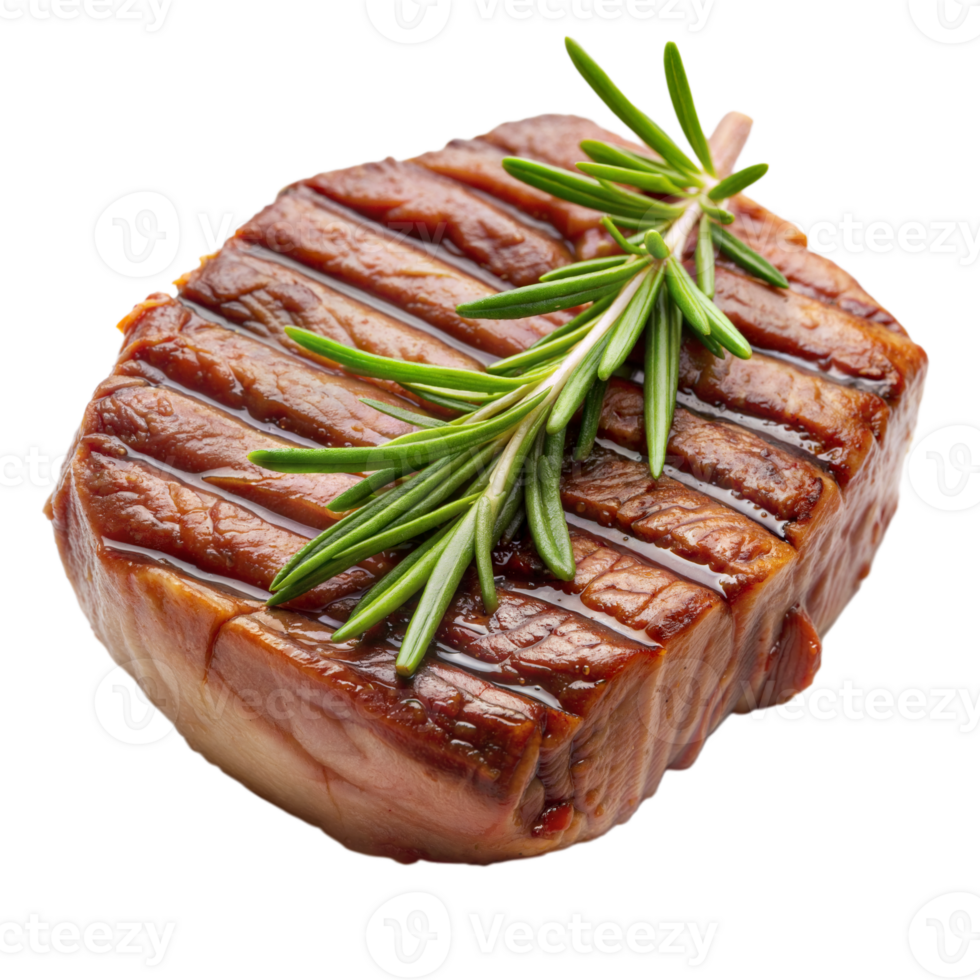Medium-rare beef steak garnished with fresh rosemary, showcasing grill marks on a transparent background png