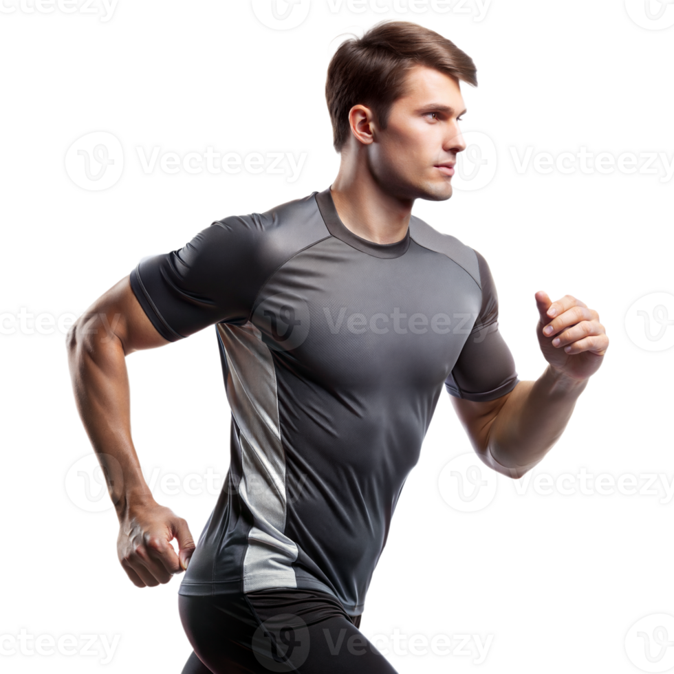 Young man in athletic gear running against a white backdrop png