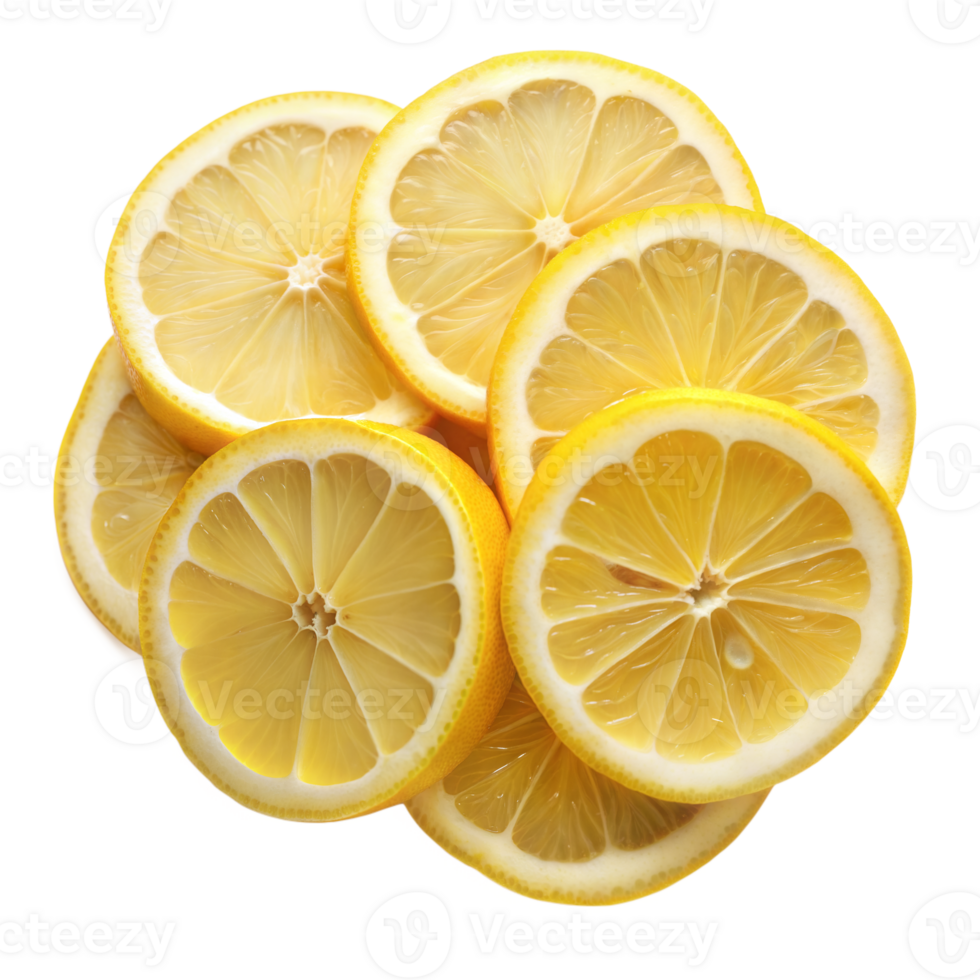 Multiple fresh lemon slices neatly arranged in a circular shape, showing vibrant yellow peel and juicy interiors png