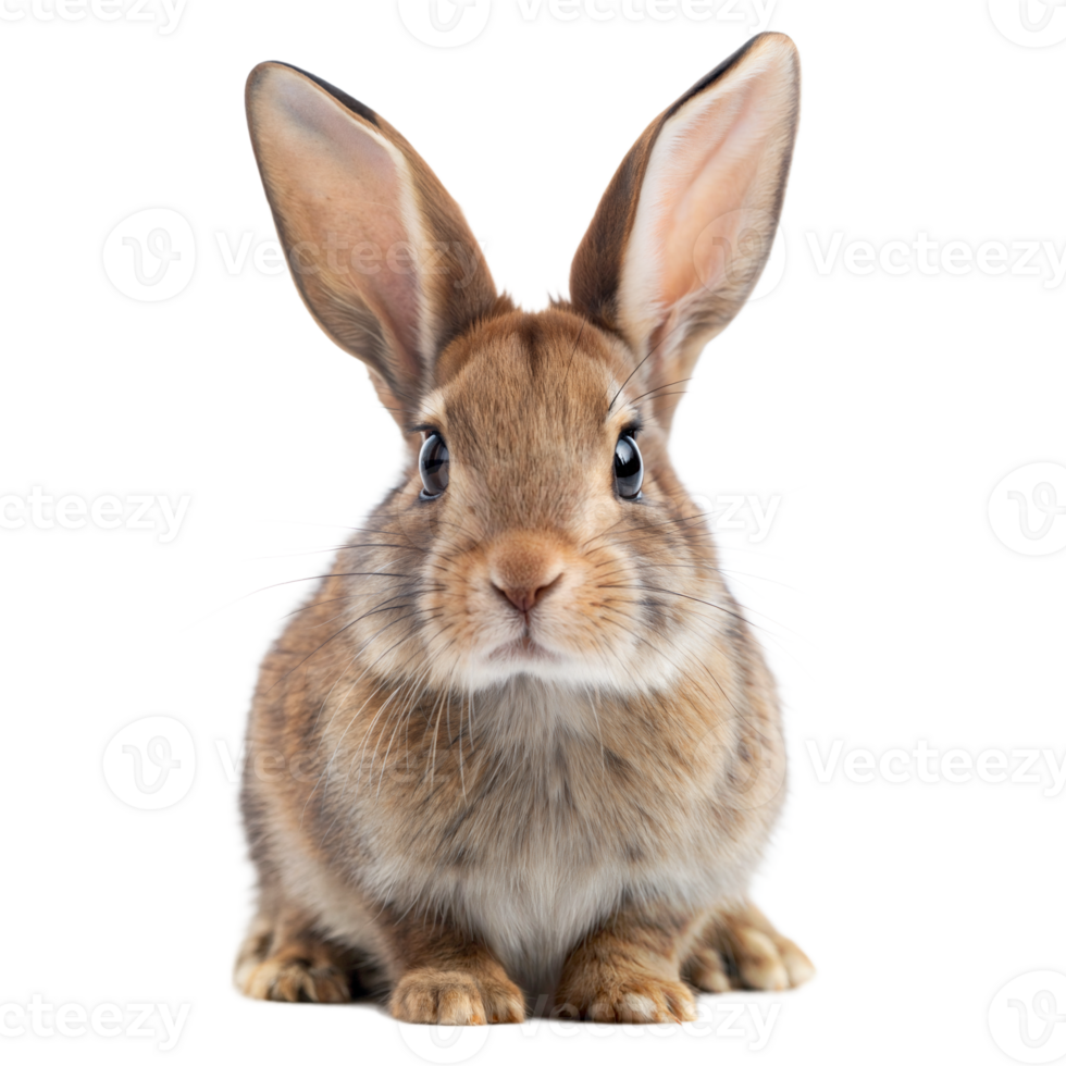 A cute brown rabbit with large ears and a fluffy coat sits on a transparent background png