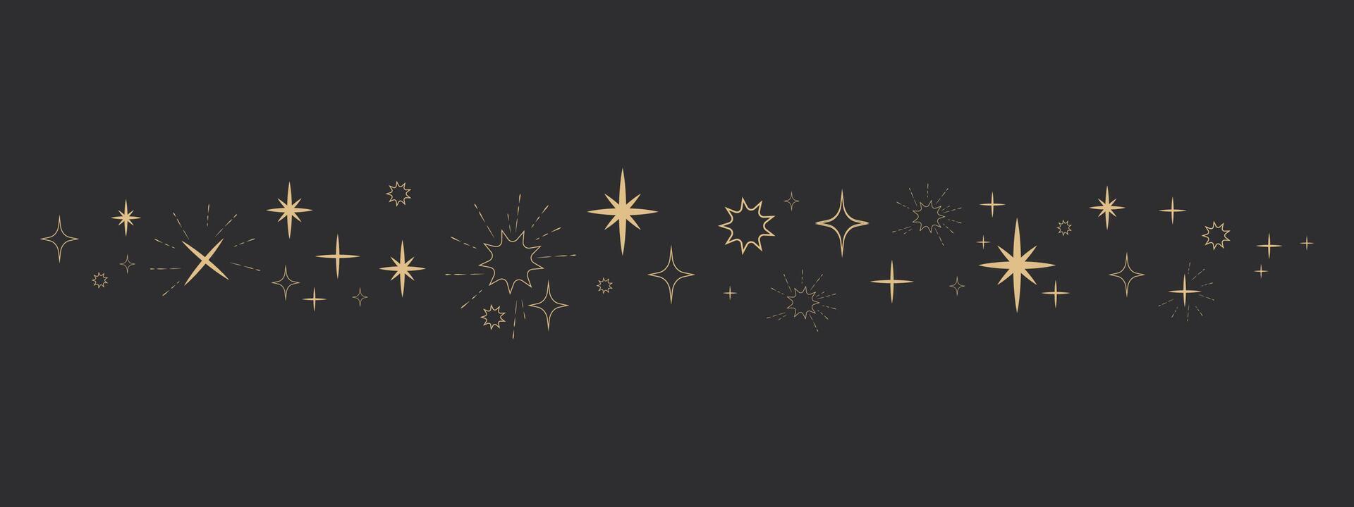 Golden celestial star border, sparkle divider, festive shiny space elements, festive lights on dark background. Holiday decoration vector