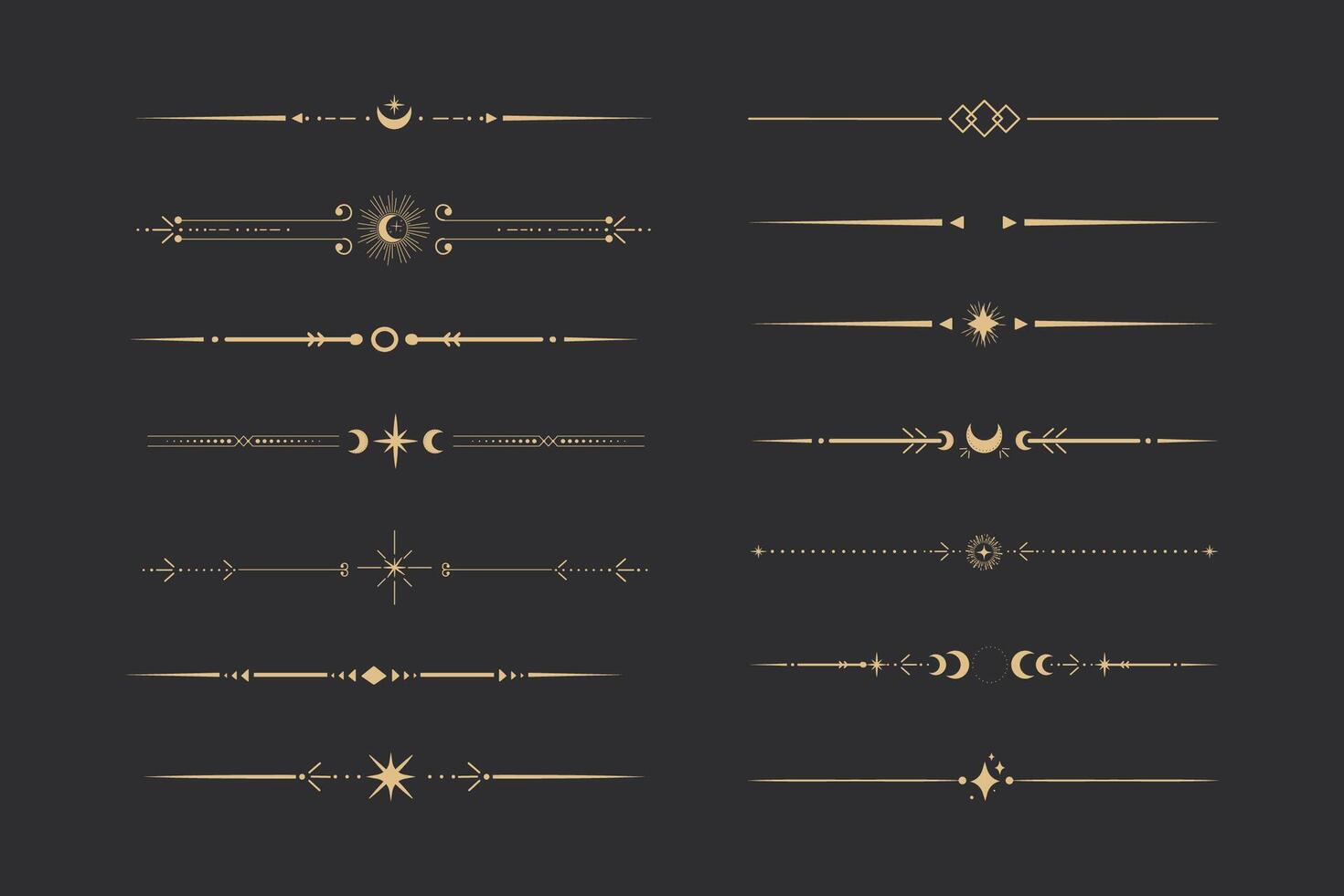 Golden divider celestial border with stars moon and sun thin line elegant simple decoration, mystic tarot separator, minimalist magic gold design element on dark background vector