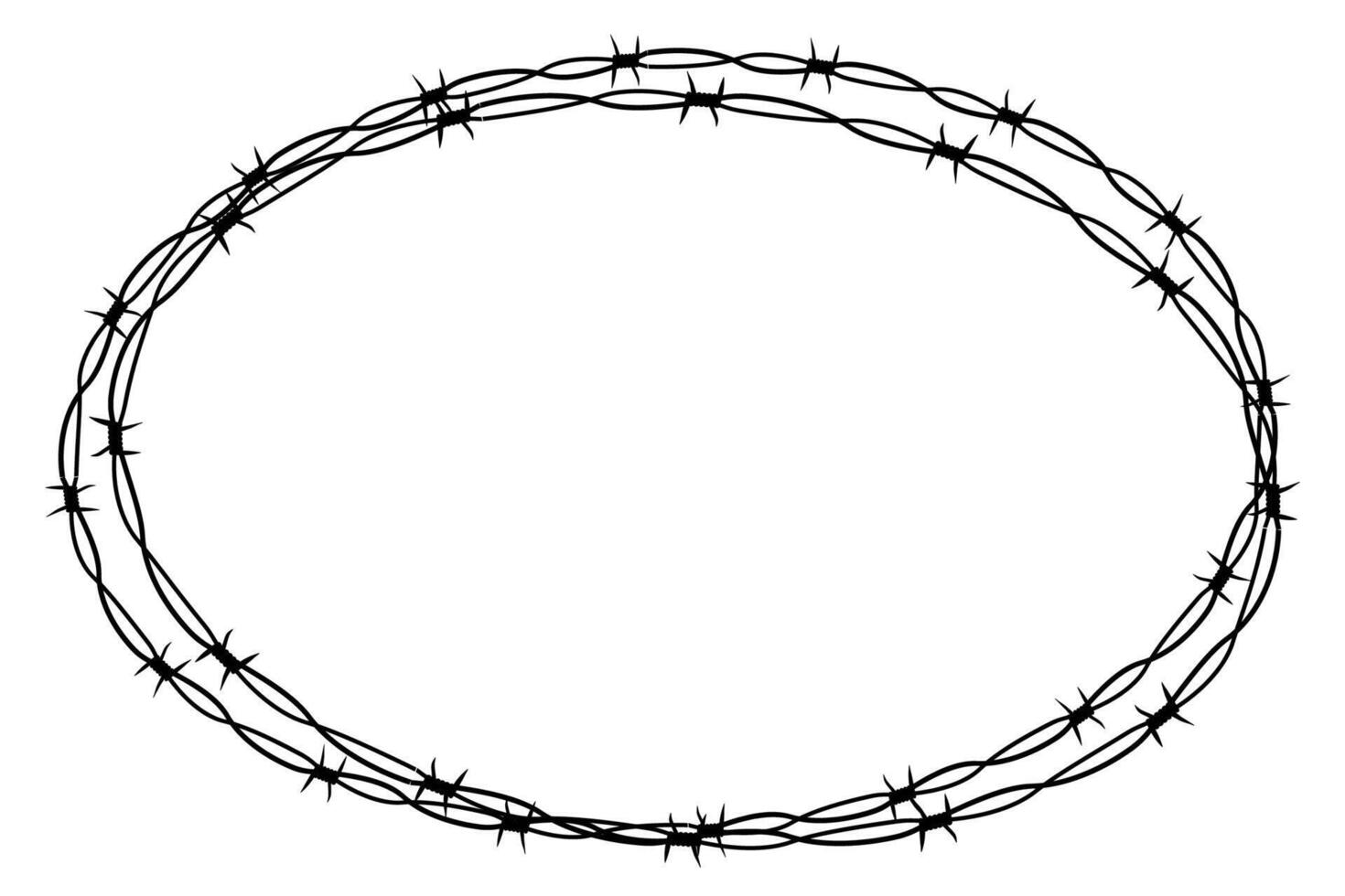 Barbed wire twisted ring y2k, round border tattoo, gothic textured steel frame, spiky oval barrier, silhouette isolated on white background. vector