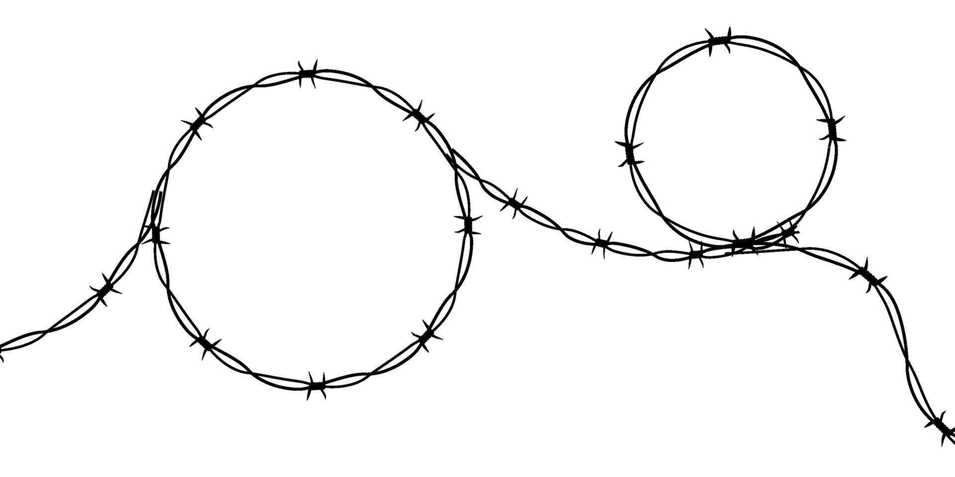 Barbed wire twisted ring y2k, round border tattoo, gothic textured steel frame, spiky oval barrier, silhouette isolated on white background. vector