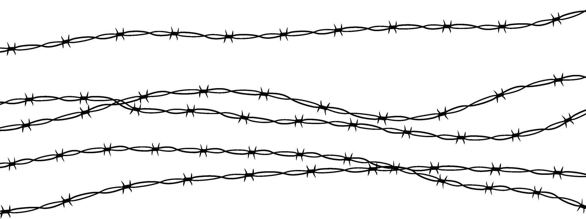 Barbed wire twisted barrier gothic steel boundary, silhouette guard fence, protection isolated on white background. Design element for military, secure object, prison. vector