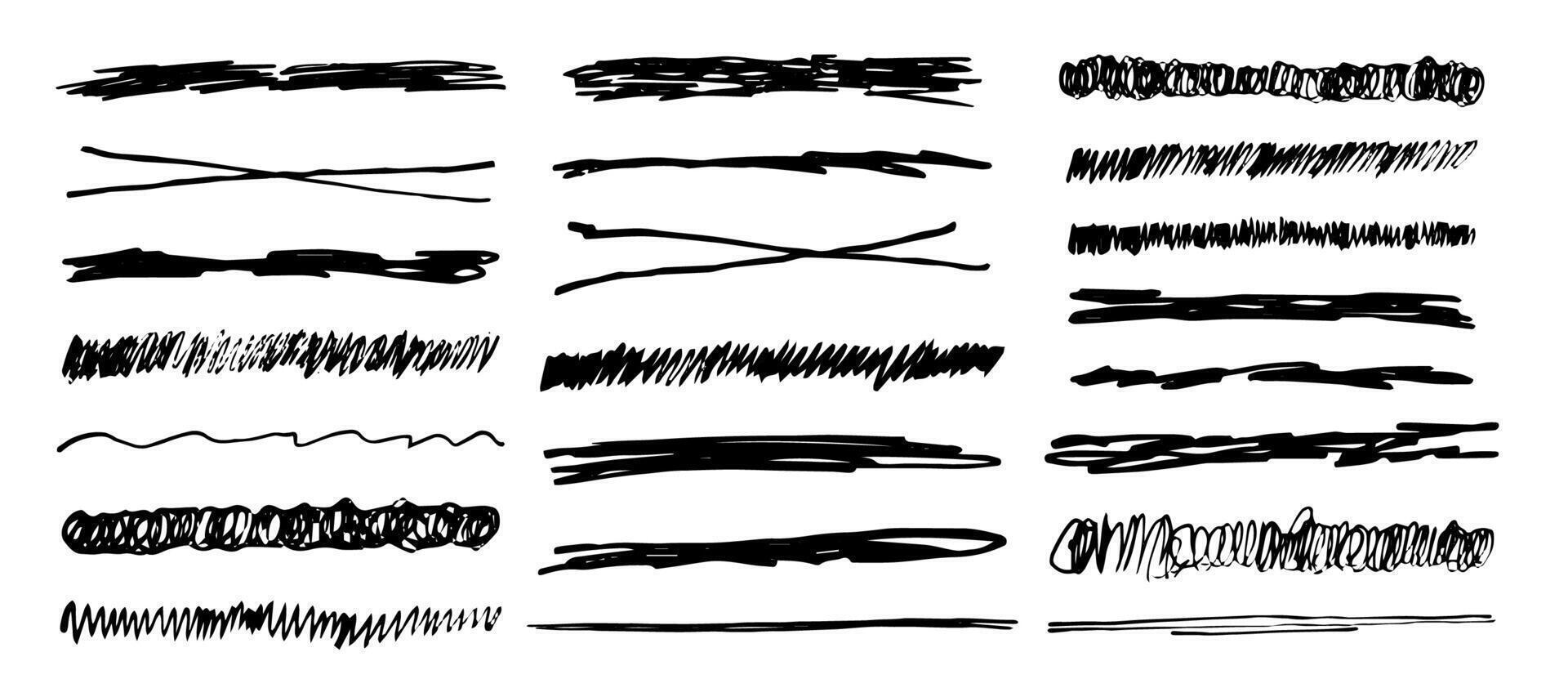 strikethrough underlines, set brush stroke, marker lines grunge curve, wvy free hand marks textured simple borders isolated on white background. Creative collection scribble brush or crayon checks. vector