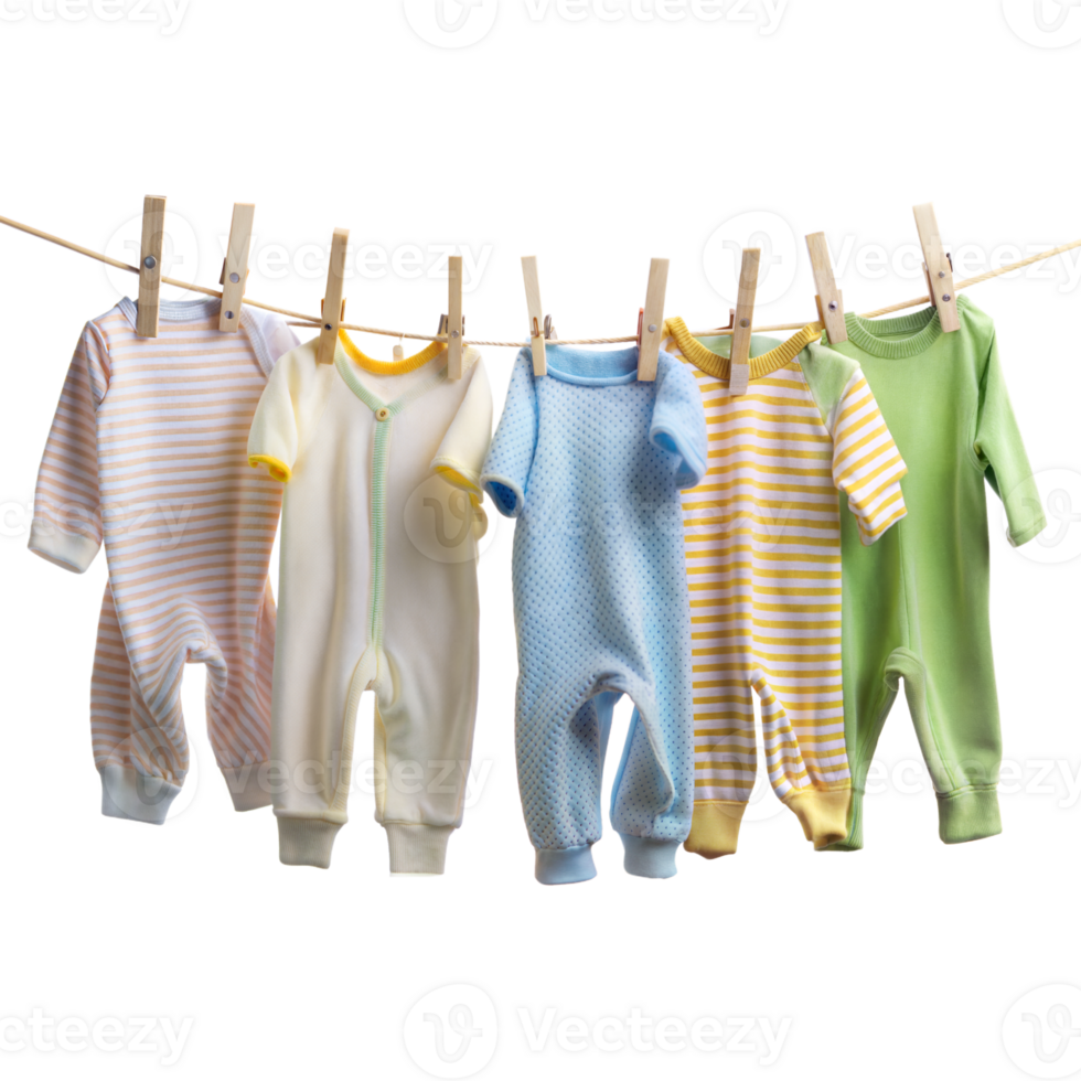 A line of baby clothes hanging on a clothesline png