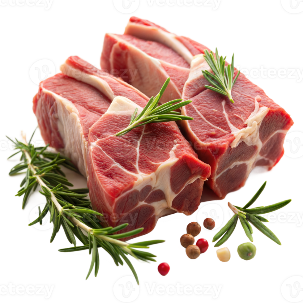 A close up of meat with rosemary and pepper on top png