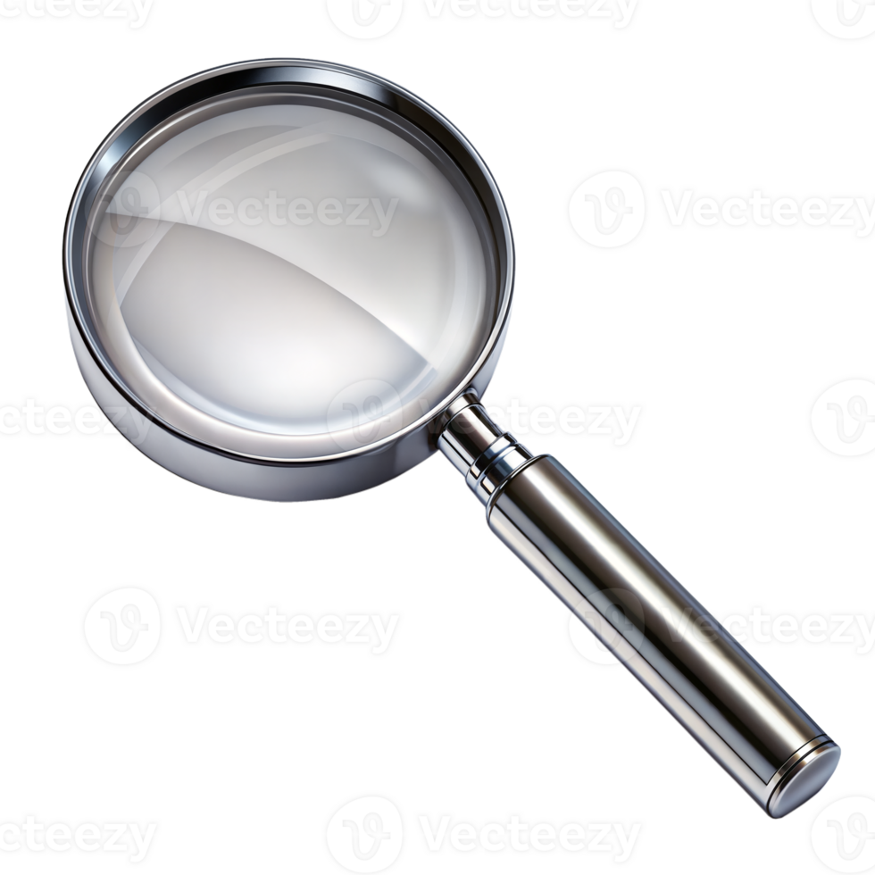 A magnifying glass is shown in a transparent background png