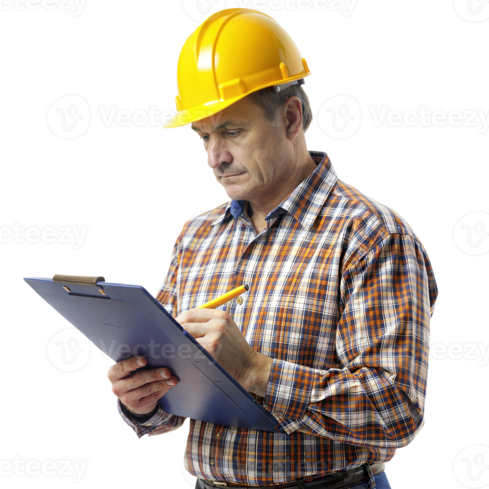 A man wearing a yellow hard hat is writing on a clipboard png