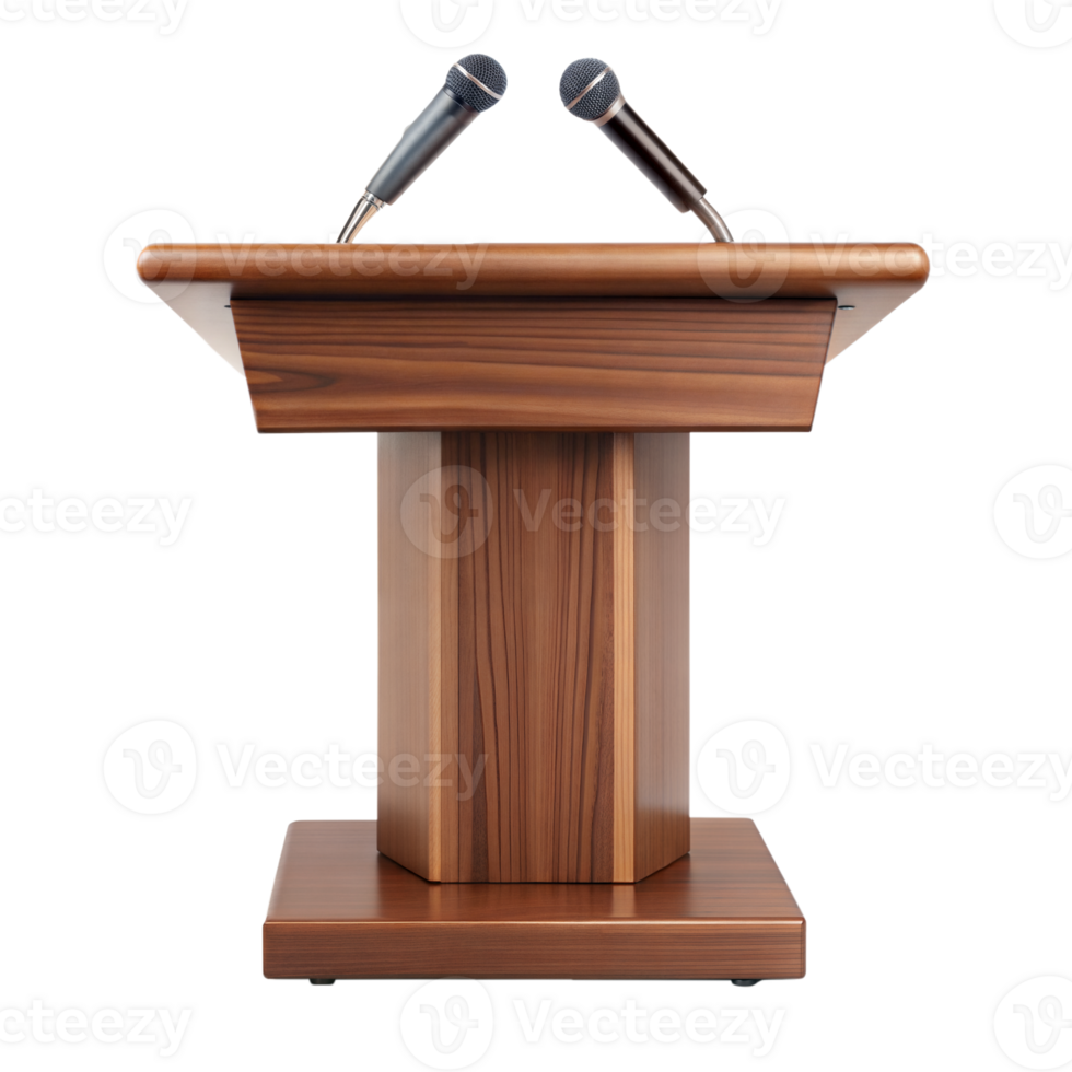 A wooden podium equipped with two microphones against an isolated backdrop png