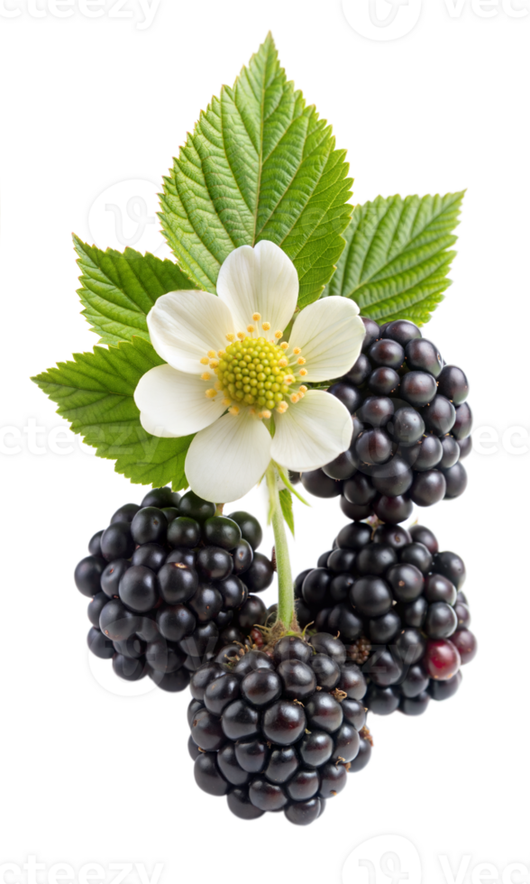 A cluster of blackberries with a white flower on top png