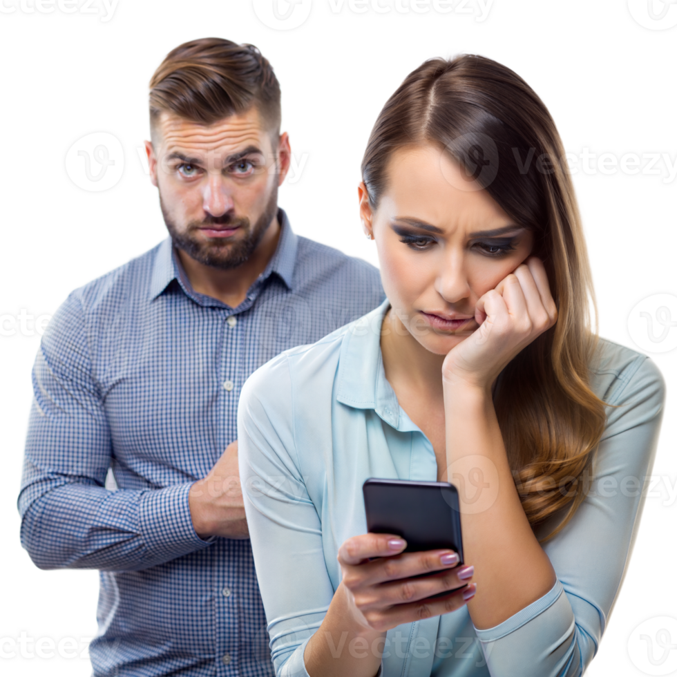 Man peering over a womans shoulder who looks distressed while staring at her phone png