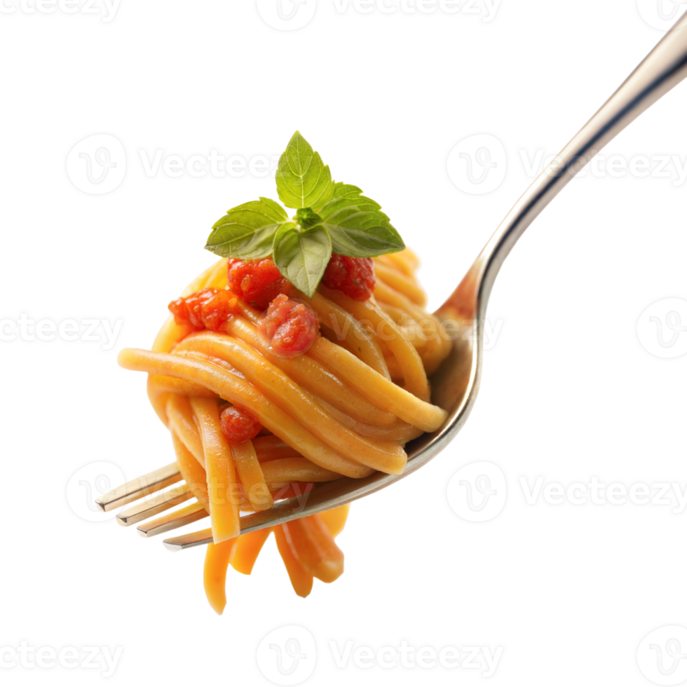 A fork with a piece of spaghetti and a leaf of basil on top png