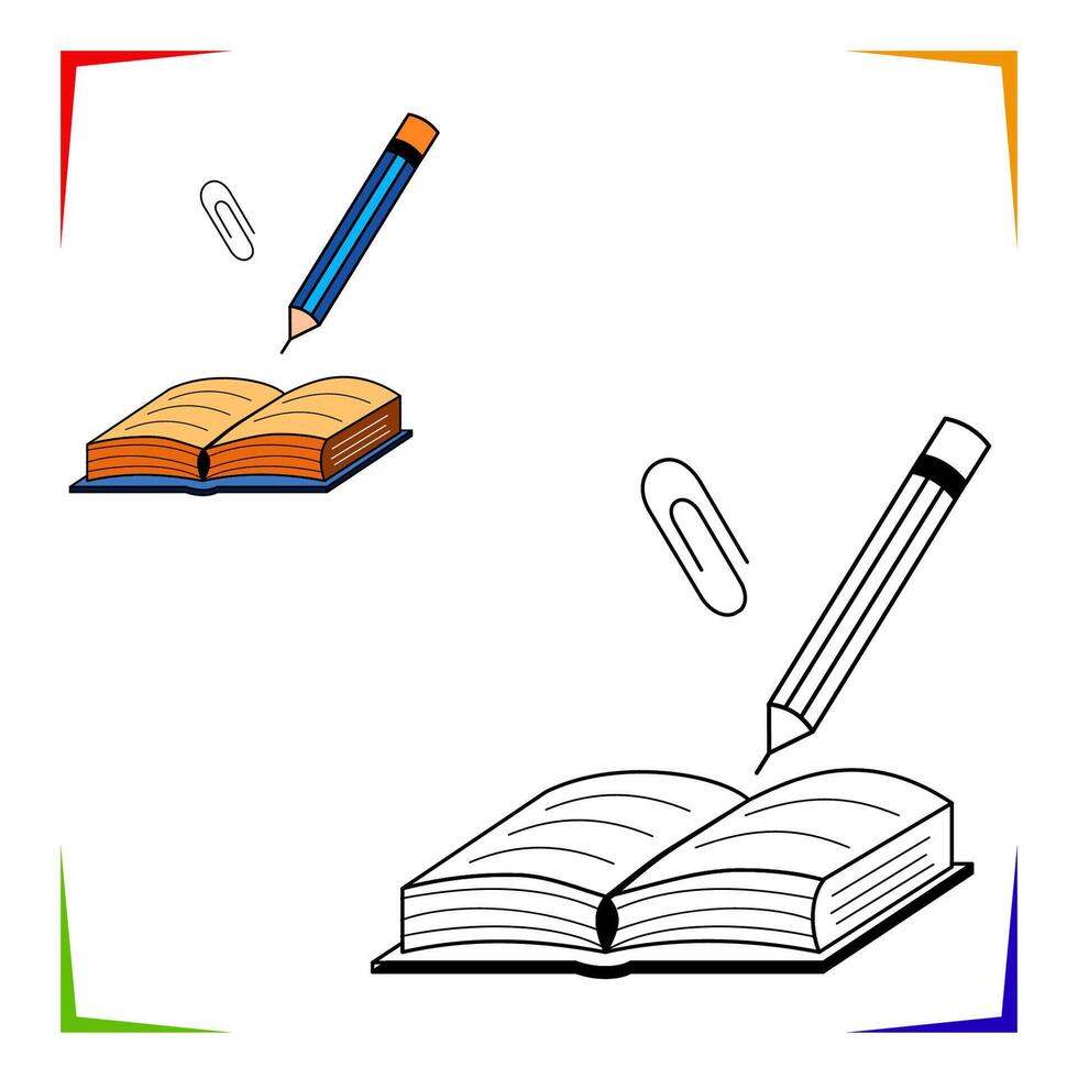 Open book, pencil and paper clip coloring page. Educational worksheet. Elements for coloring book, design illustrations in the style of outline for kids. vector