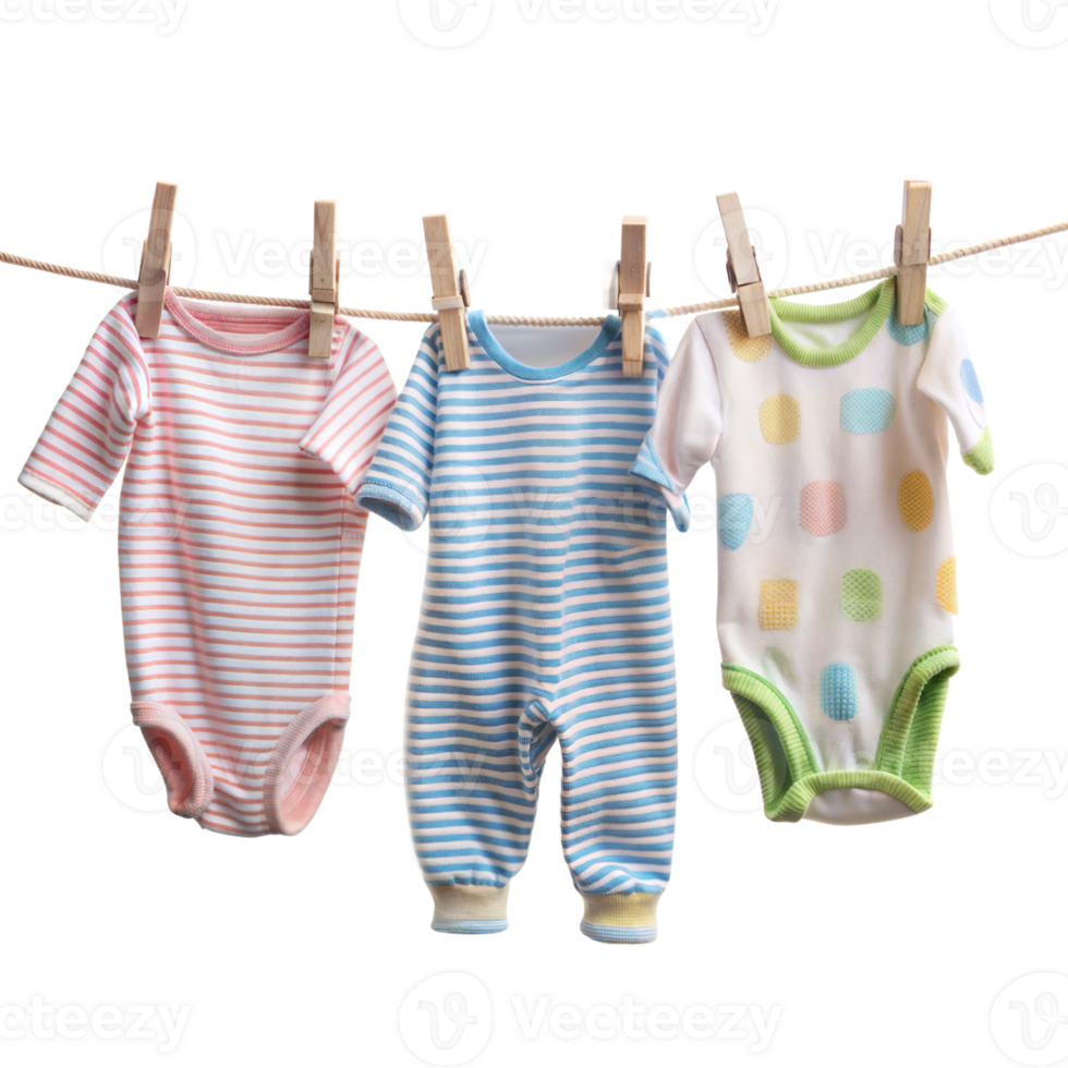 Three baby clothes are hanging on a clothesline png