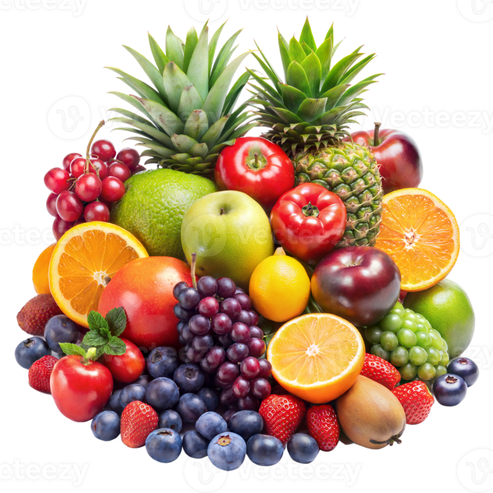 A colorful assortment of fruits and vegetables, including apples, oranges png