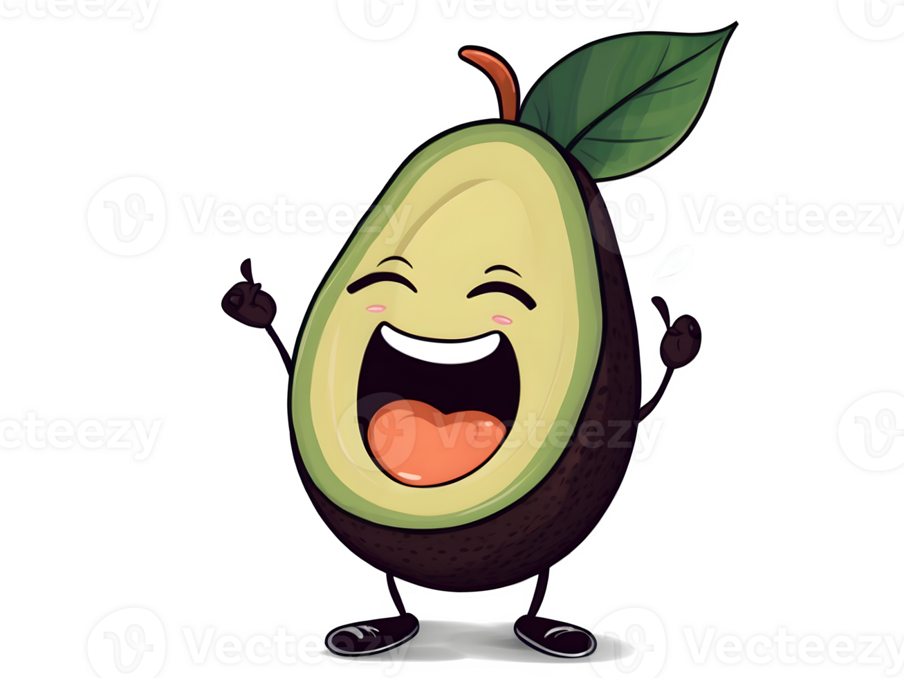 Funny live avocado with eyes smiling, healthy food, funny fruit, isolated on transparent background png