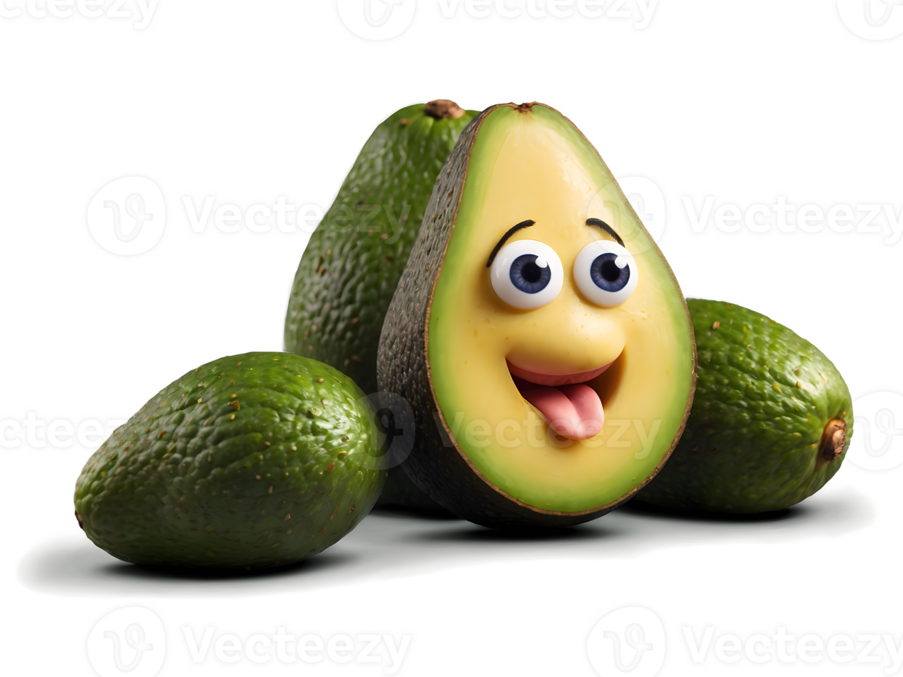 Funny live avocado with eyes smiling, healthy food, funny fruit, isolated on transparent background png