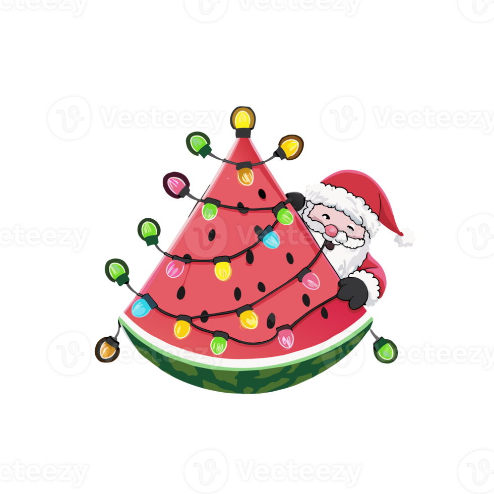 A Santa Claus peeking from behind a watermelon slice adorned with Christmas lights and a star. Christmas in July png