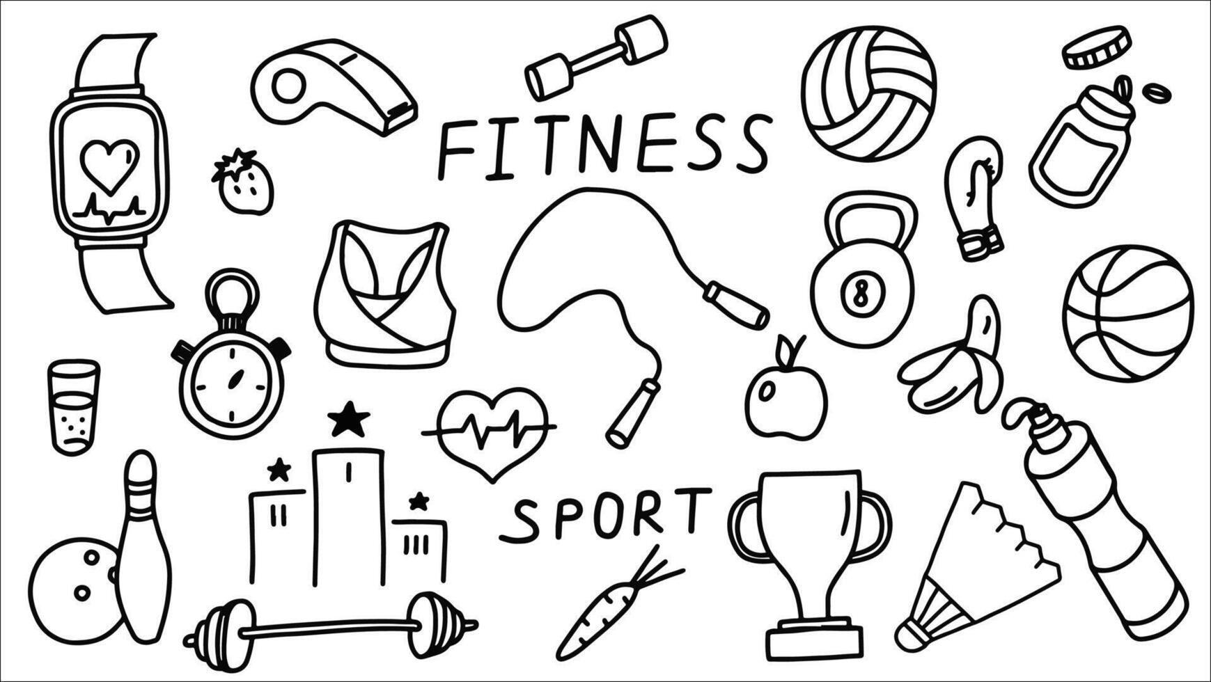 Doodle Art Displaying Various Fitness and Sports Equipment in Black and White vector