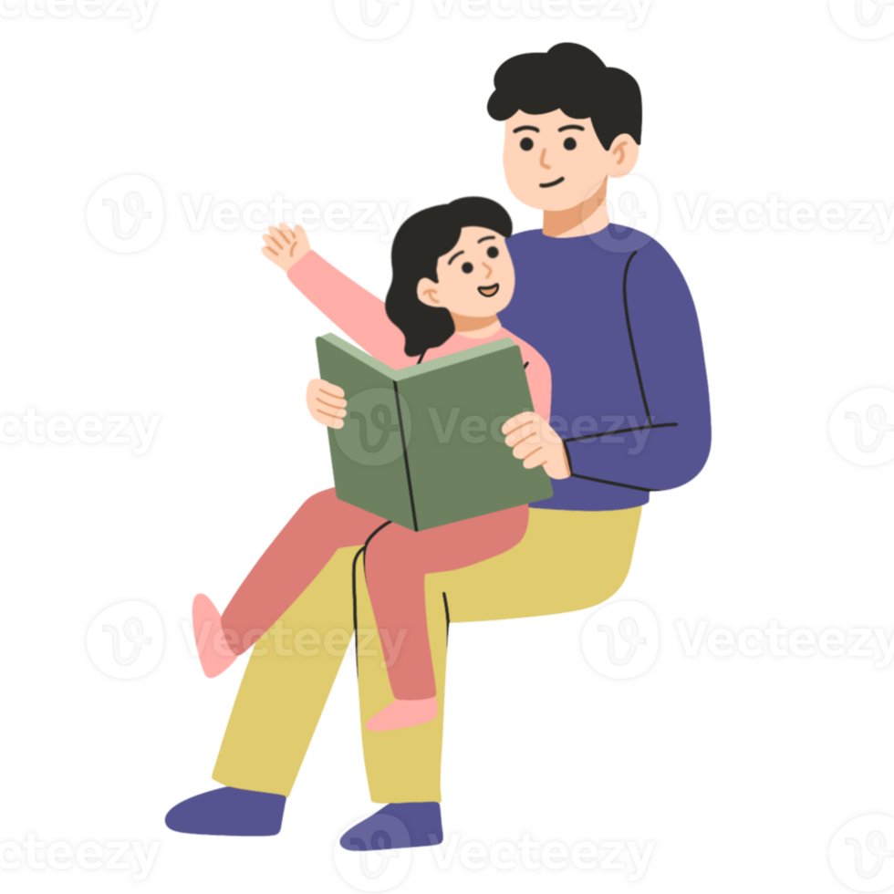 Daddy and daughter reading books together illustration png
