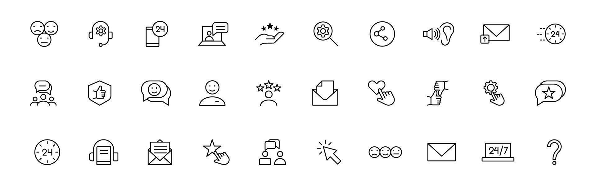 Customer service icon set. Containing customer satisfied, assistance, experience, feedback, operator and technical support icons. Thin outline icons pack. vector