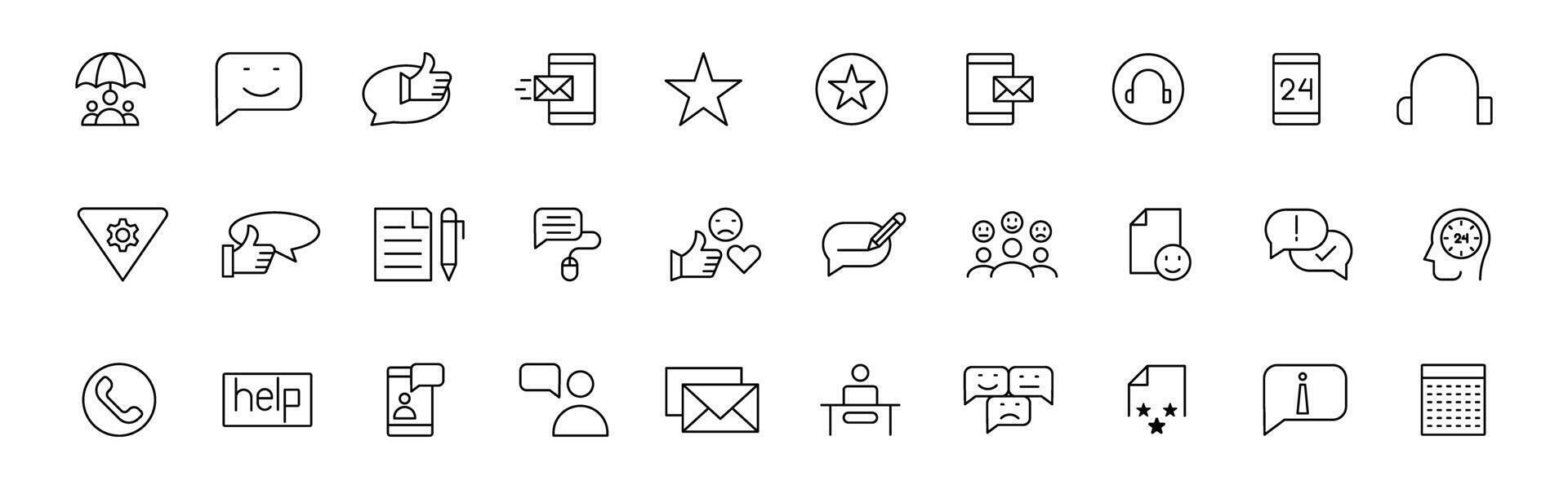 Customer service icon set. Containing customer satisfied, assistance, experience, feedback, operator and technical support icons. Thin outline icons pack. vector