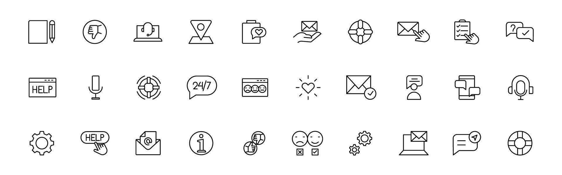 Customer service icon set. Containing customer satisfied, assistance, experience, feedback, operator and technical support icons. Thin outline icons pack. vector