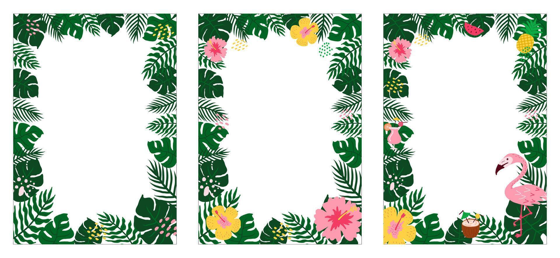 Summer tropical frames with leaves, flowers and flamingo for party invitations, sale posters and wedding cards. Collection of templates isolated with white background. vector