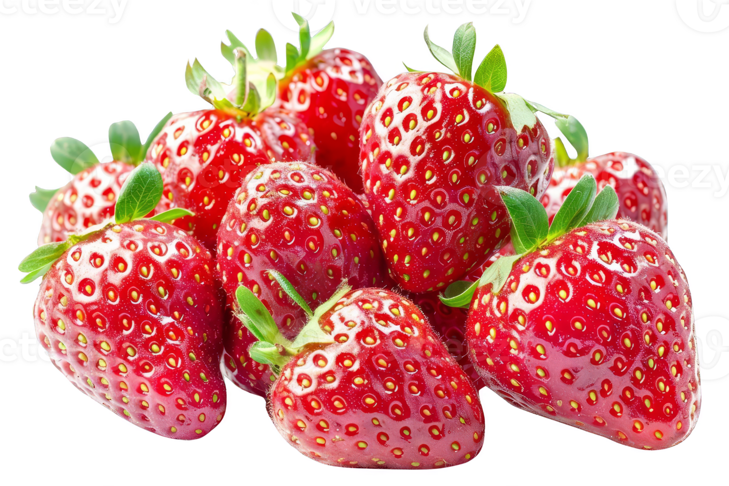 Fresh, ripe strawberries with vibrant red color and green leaves, showcasing the delicious and healthy fruit in a close-up view. png