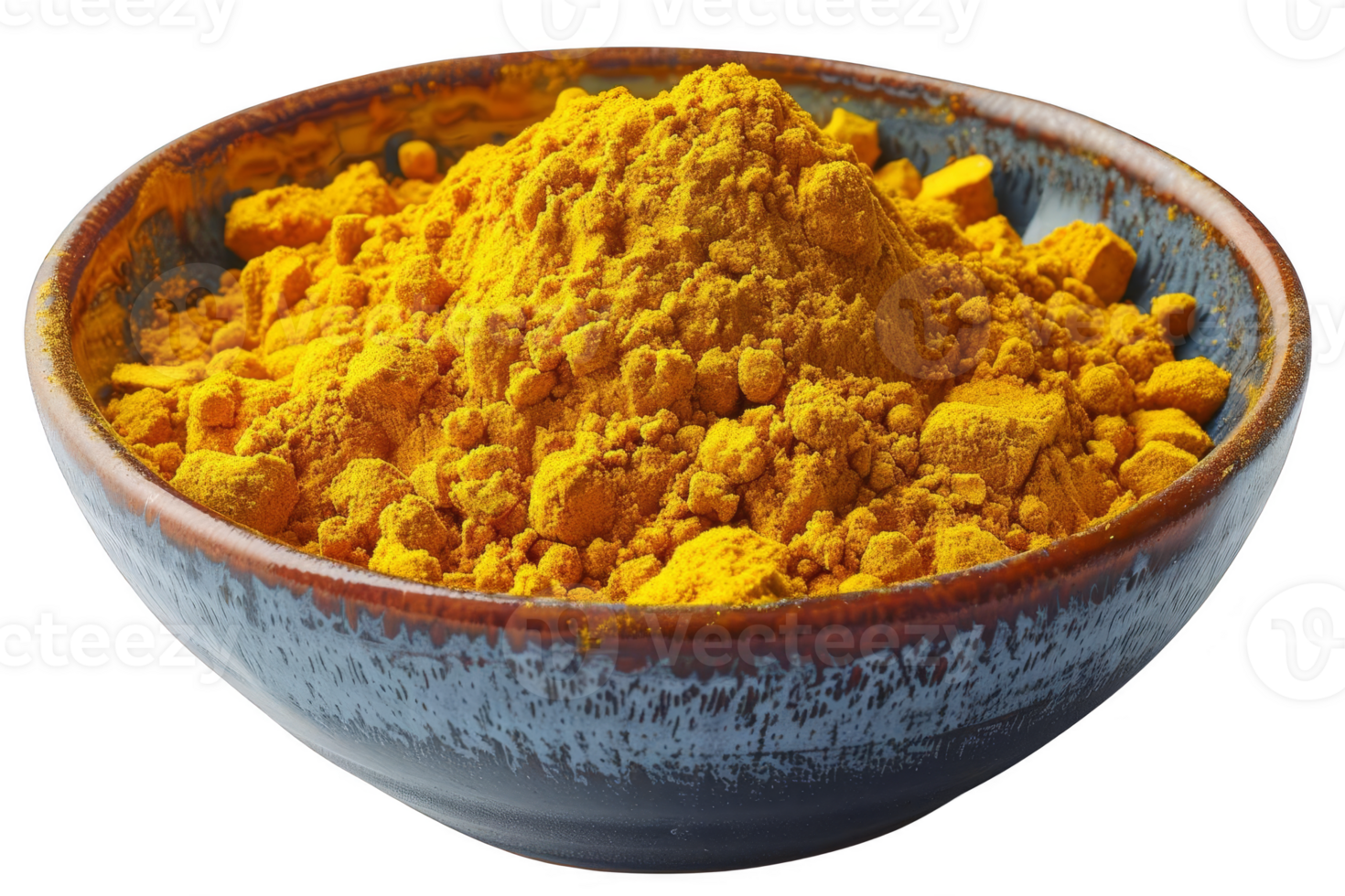 A ceramic bowl filled with bright yellow turmeric powder, known for its medicinal properties and use as a spice in cooking and natural dyes. png