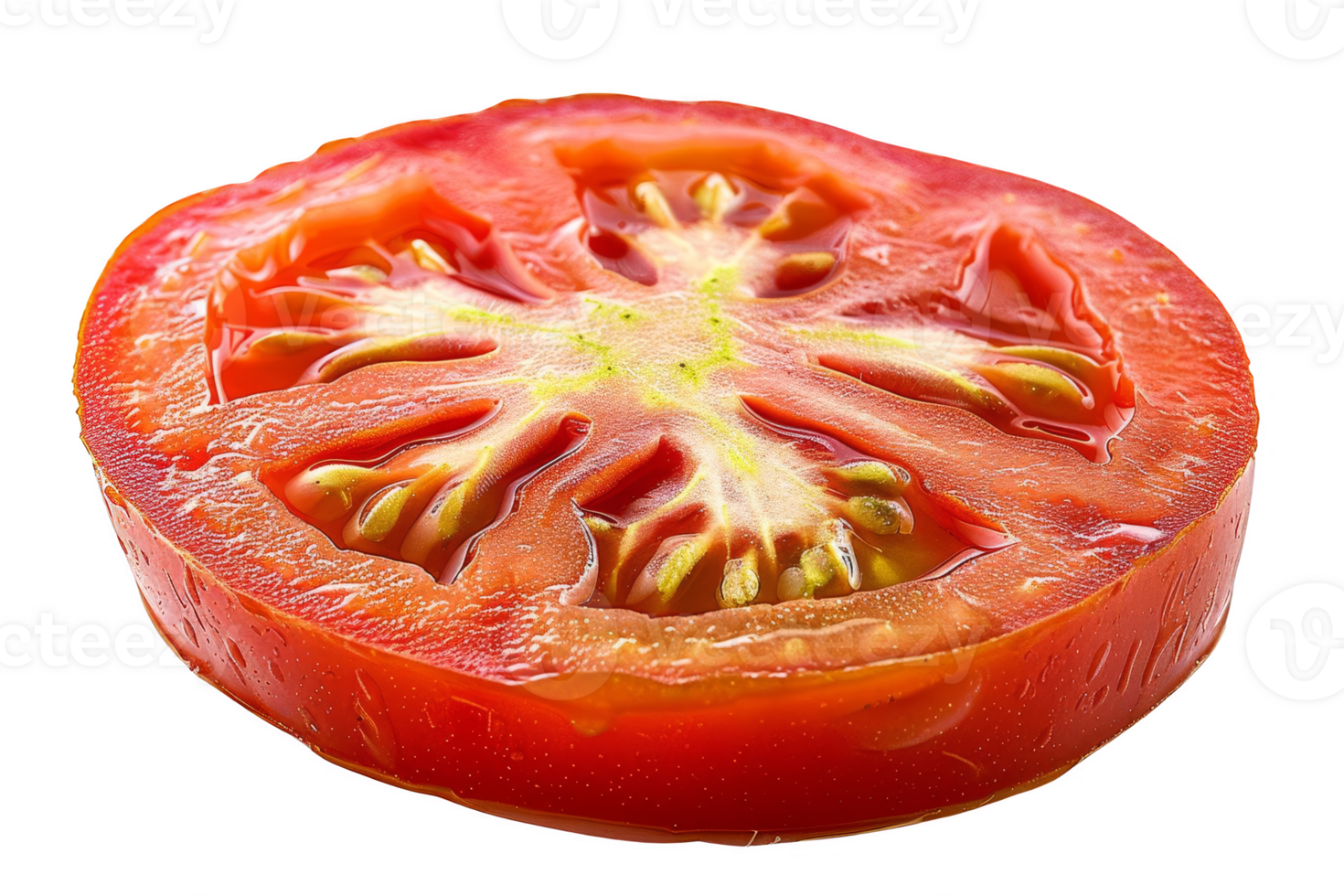 Close-up of a fresh, juicy tomato slice showcasing vibrant red color and internal seeds. Perfect for cooking, salads, and healthy eating concepts. png